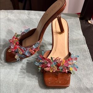 Rouge Helium Brown Heels with Multicolor Embellishments